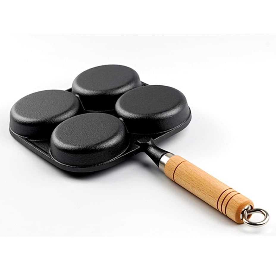 DJKG Uncoated Egg Frying Pan Egg Cooker Omelet Pan with 4-Cups Pancake Pan Cast Iron Cooker for Breakfast, Gas Stove & Induction Compatible Wooden Helper Handle