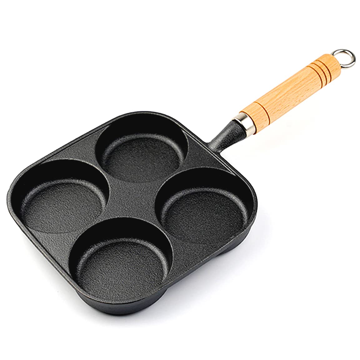 DJKG Uncoated Egg Frying Pan Egg Cooker Omelet Pan with 4-Cups Pancake Pan Cast Iron Cooker for Breakfast, Gas Stove & Induction Compatible Wooden Helper Handle