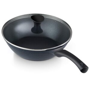 cook n home nonstick deep frying pan saute pan skillet with lid 11 inch, marble wok stir-fry pan large skillet sauté pan, black