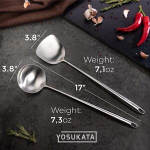 YOSUKATA Carbon Steel Wok Pan - 14 “ Woks and Stir Fry Pans With Wok Lid 13.6 Inch - Premium Stainless Wok Cover with Tempered Glass Insert Steam Holes +17’’ Wok Spatula and Ladle