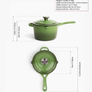 Larder & Vine 2.2 Quart Enameled Cast Iron Saucepan with Lid, Cast Iron Pan with Pour Spouts, Ergonomic Handle, Helper Handle, Stainless Steel Knob, Self-Basting Lid with Drip Bumps (Okra)