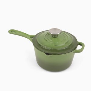 Larder & Vine 2.2 Quart Enameled Cast Iron Saucepan with Lid, Cast Iron Pan with Pour Spouts, Ergonomic Handle, Helper Handle, Stainless Steel Knob, Self-Basting Lid with Drip Bumps (Okra)