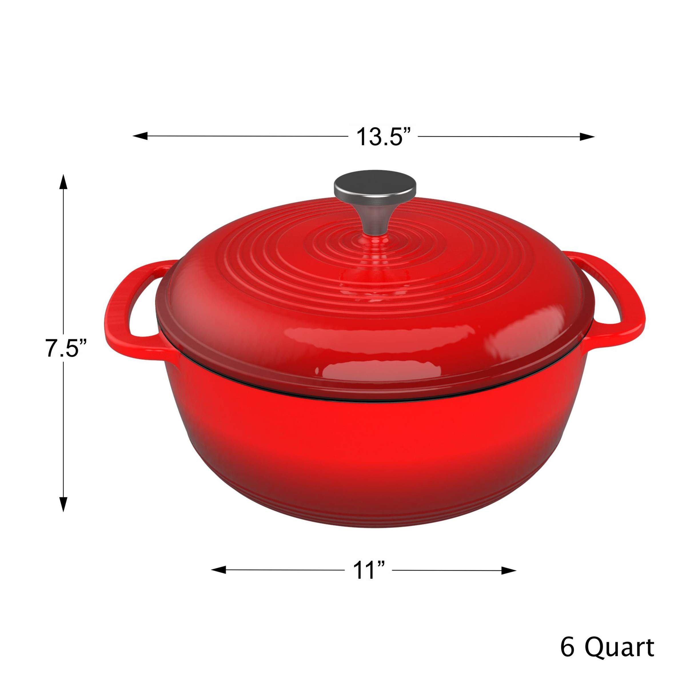 Classic Cuisine Cast Iron Dutch Lid 6 Quart Enamel Coated Oven or Stovetop-For Soup, Chicken, Pot Roast and More-Kitchen Cookware, Red