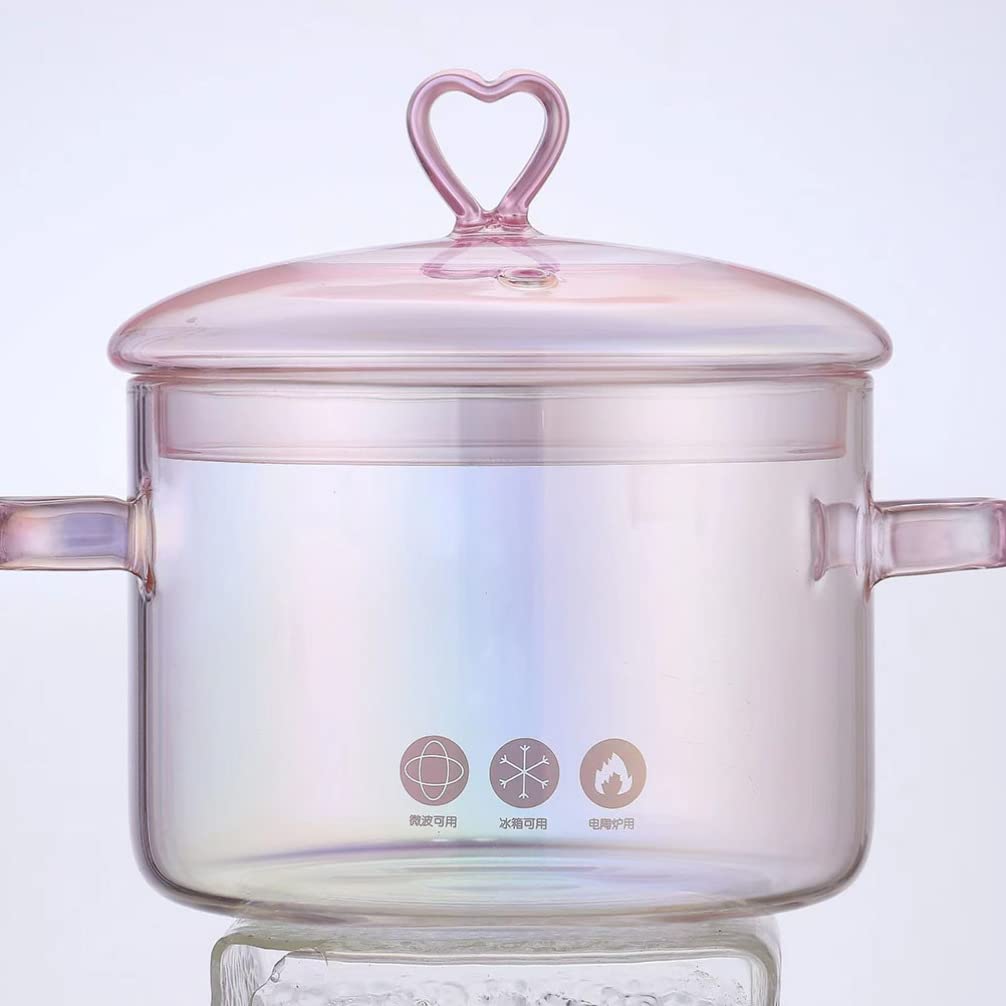 ERINGOGO Glass Cooking Pot with Cover and Handle - 1.5L/50oz Stovetop Cooking Pot with Lid Heat Resistant Glass Saucepan High Borosilicate Glass Cookware Simmer Pot Clear Soup Pot - Pink