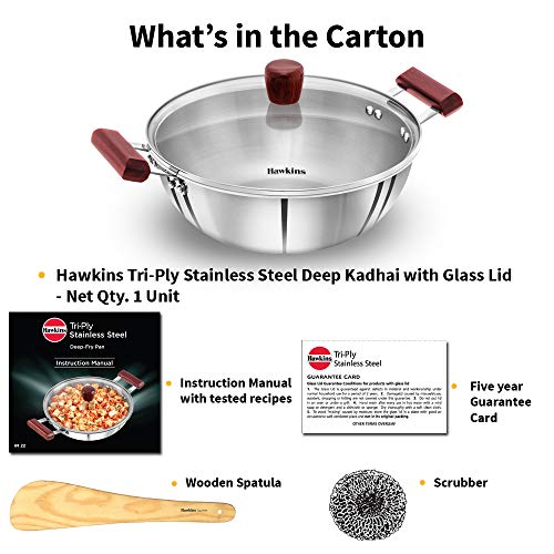 HAWKINS Tri-Ply Stainless Steel Induction Compatible Deep Kadhai (Deep-Fry Pan) with Glass Lid, Capacity 4 Litre, Diameter 28 cm, Thickness 3 mm, Silver (SSK40G)