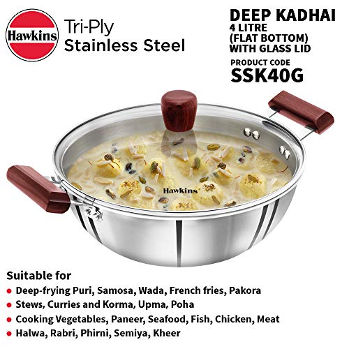 HAWKINS Tri-Ply Stainless Steel Induction Compatible Deep Kadhai (Deep-Fry Pan) with Glass Lid, Capacity 4 Litre, Diameter 28 cm, Thickness 3 mm, Silver (SSK40G)