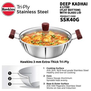 HAWKINS Tri-Ply Stainless Steel Induction Compatible Deep Kadhai (Deep-Fry Pan) with Glass Lid, Capacity 4 Litre, Diameter 28 cm, Thickness 3 mm, Silver (SSK40G)