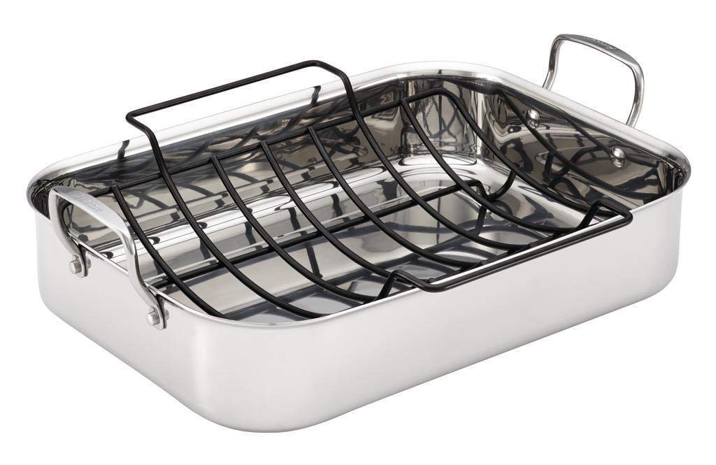 Anolon Triply Clad Stainless Steel Roaster / Roasting Pan with Rack - 17 Inch x 12.5 Inch, Silver