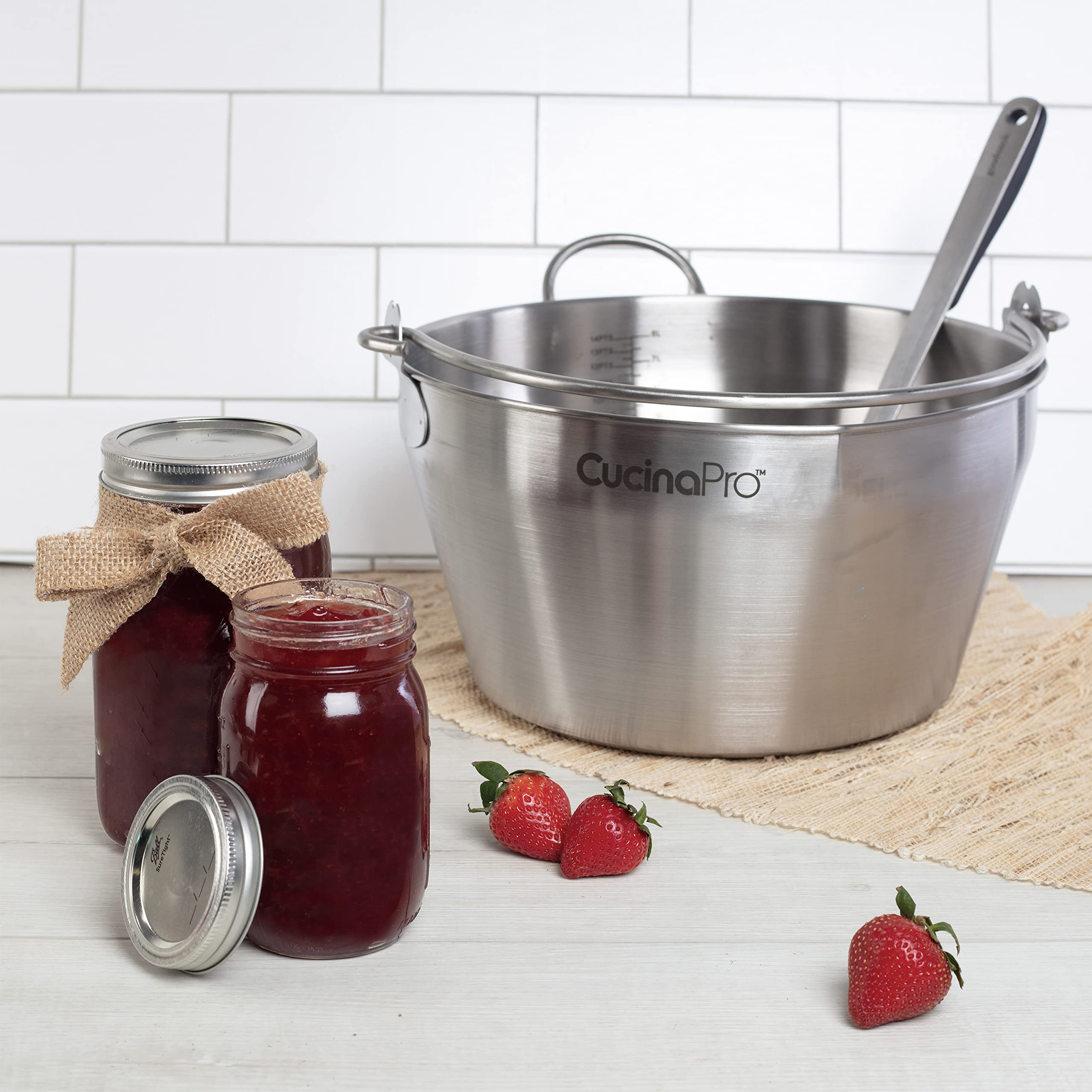 2 Gallon Stainless Steel Maslin Jam Pan, 8 Quarts- Pot includes Strainer Funnel Side Handle Pouring Spout- Graduated Concise Measuring Lines- Make Berry Jellies Jams Marmalades Sauce for Holiday Pies