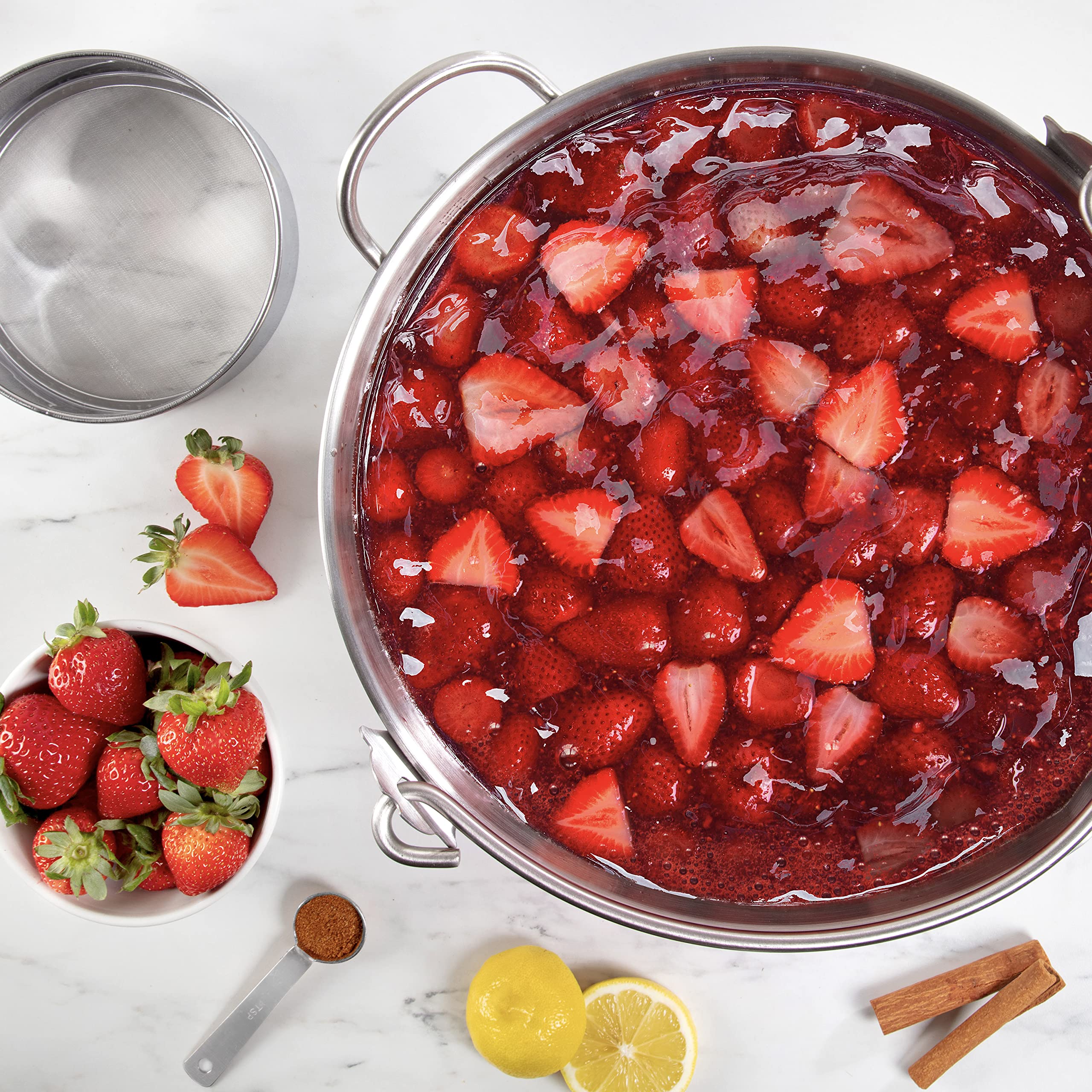 2 Gallon Stainless Steel Maslin Jam Pan, 8 Quarts- Pot includes Strainer Funnel Side Handle Pouring Spout- Graduated Concise Measuring Lines- Make Berry Jellies Jams Marmalades Sauce for Holiday Pies