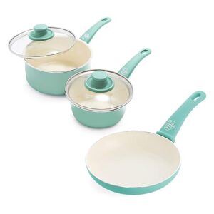 greenlife soft grip healthy ceramic nonstick, saucepans with lids, 1qt and 2qt, turquoise & soft grip healthy ceramic nonstick, frying pan, 8", turquoise