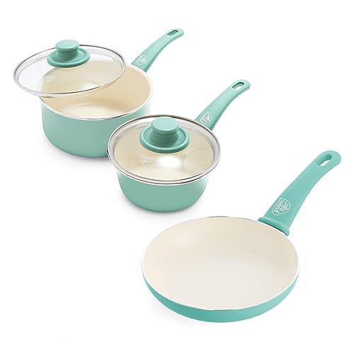 GreenLife Soft Grip Healthy Ceramic Nonstick, Saucepans with Lids, 1QT and 2QT, Turquoise & Soft Grip Healthy Ceramic Nonstick, Frying Pan, 8", Turquoise