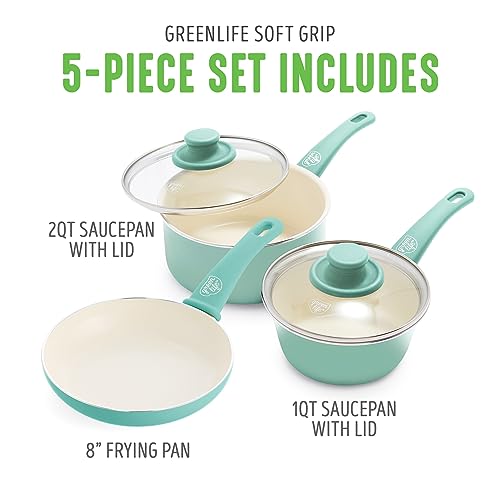 GreenLife Soft Grip Healthy Ceramic Nonstick, Saucepans with Lids, 1QT and 2QT, Turquoise & Soft Grip Healthy Ceramic Nonstick, Frying Pan, 8", Turquoise