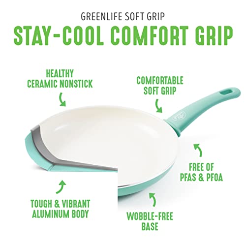 GreenLife Soft Grip Healthy Ceramic Nonstick, Saucepans with Lids, 1QT and 2QT, Turquoise & Soft Grip Healthy Ceramic Nonstick, Frying Pan, 8", Turquoise