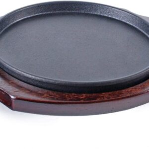 Happy Sales HSGRD-RND95, Large Cast Iron Steak Plate Sizzle Griddle with Wooden Base Steak Pan Grill Fajita Server Plate Household use or Restaurant Supply, 9.5" Diameter