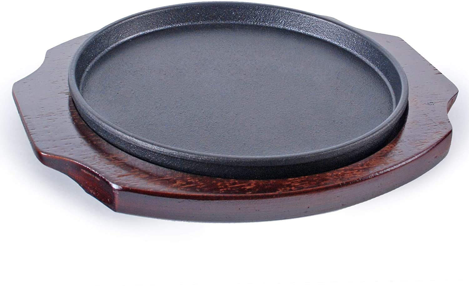 Happy Sales HSGRD-RND95, Large Cast Iron Steak Plate Sizzle Griddle with Wooden Base Steak Pan Grill Fajita Server Plate Household use or Restaurant Supply, 9.5" Diameter