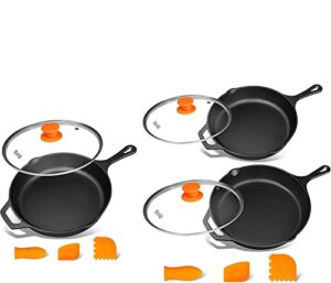 michelangelo cast iron skillet set 8 inch & 10 inch &12 inch, preseasoned cast iron skillets with lid, iron skillets for cooking with silicone handle & scrapers, 8'' & 10" & 12"