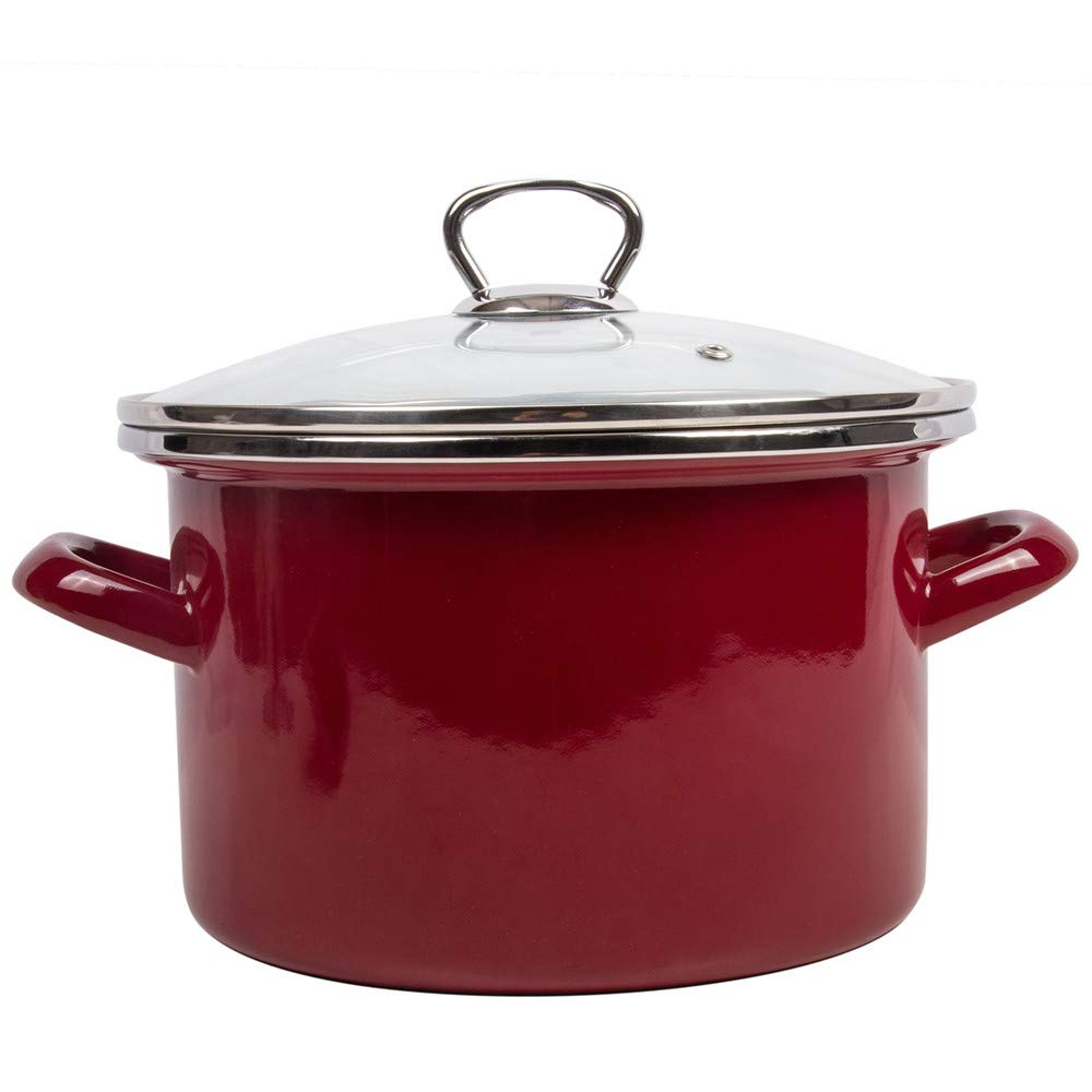 Enamel Stock Pot Burgundy Enamelware Pot Enamel Cooking Pot with Glass Lid (3.2-qt. (3 L))