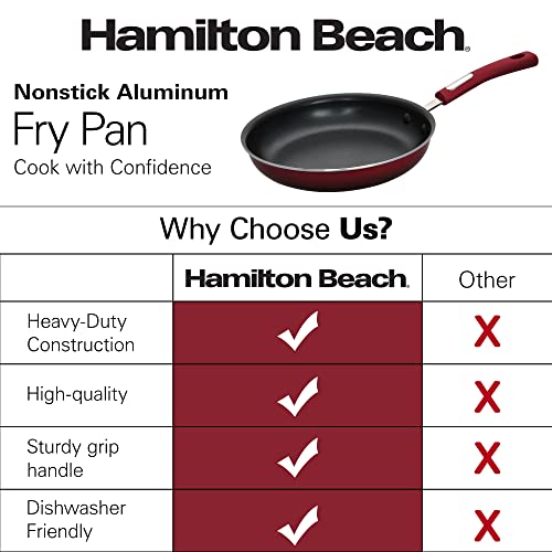 Hamilton Beach 12" Fry Pan Nonstick Coating, Aluminum Frying Pan with Nonstick for Stove Top with Soft Touch Bakelite Handle, Durable Scratch Resistant & Safe Nonstick Cookware - Dishwasher Safe - Red