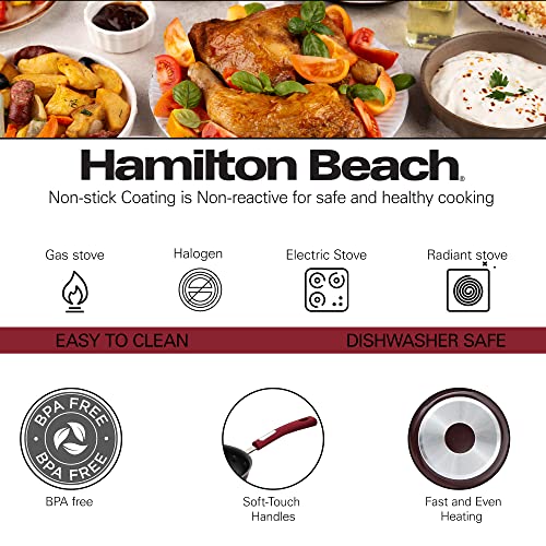 Hamilton Beach 12" Fry Pan Nonstick Coating, Aluminum Frying Pan with Nonstick for Stove Top with Soft Touch Bakelite Handle, Durable Scratch Resistant & Safe Nonstick Cookware - Dishwasher Safe - Red