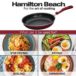 Hamilton Beach 12" Fry Pan Nonstick Coating, Aluminum Frying Pan with Nonstick for Stove Top with Soft Touch Bakelite Handle, Durable Scratch Resistant & Safe Nonstick Cookware - Dishwasher Safe - Red