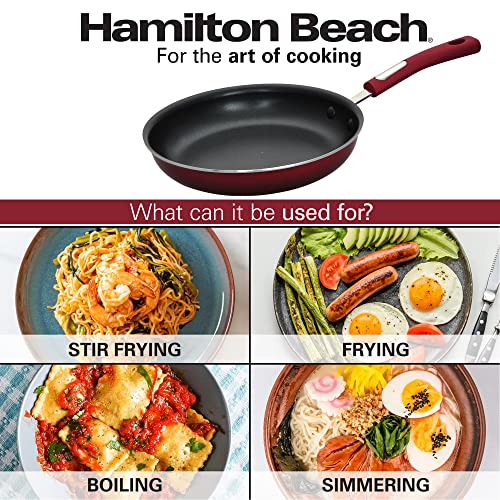 Hamilton Beach 12" Fry Pan Nonstick Coating, Aluminum Frying Pan with Nonstick for Stove Top with Soft Touch Bakelite Handle, Durable Scratch Resistant & Safe Nonstick Cookware - Dishwasher Safe - Red