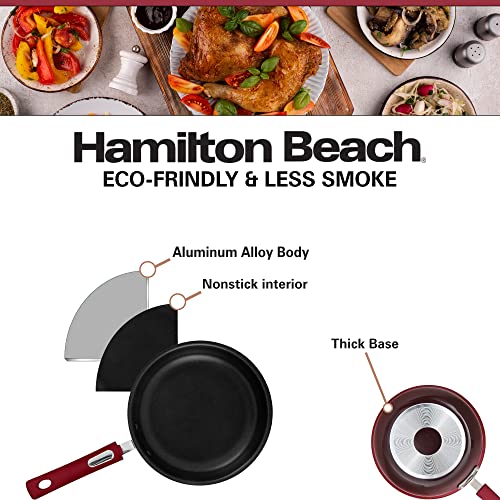 Hamilton Beach 12" Fry Pan Nonstick Coating, Aluminum Frying Pan with Nonstick for Stove Top with Soft Touch Bakelite Handle, Durable Scratch Resistant & Safe Nonstick Cookware - Dishwasher Safe - Red