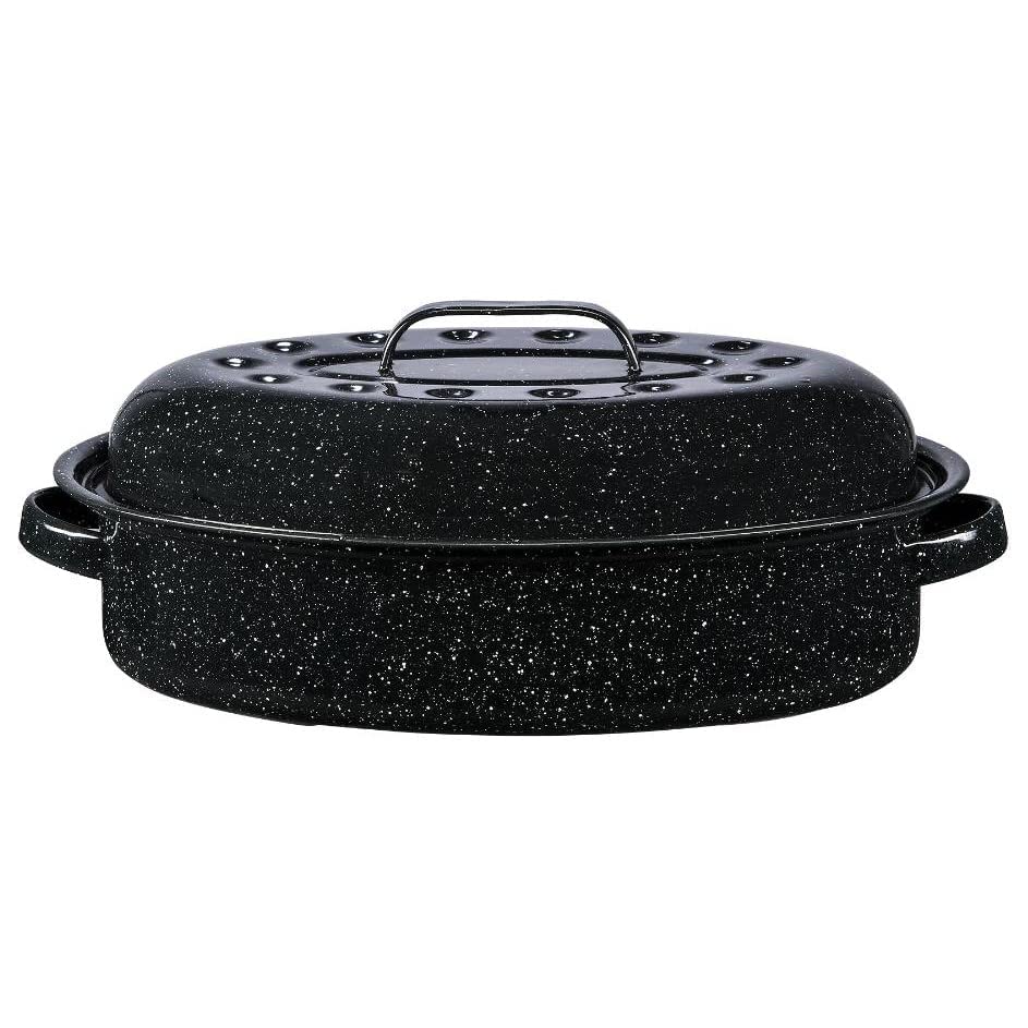 Bovado USA 15.25" Inch 12 lb Capacity Enamel Oval Turkey Roaster Pan + Lid - Thanksgiving Gift, Covered, Non-sticky, Chemical Free, Dishwasher Safe - (14.5 Inch Inner) Rôtissoire (Capacité de 5.45 kg)