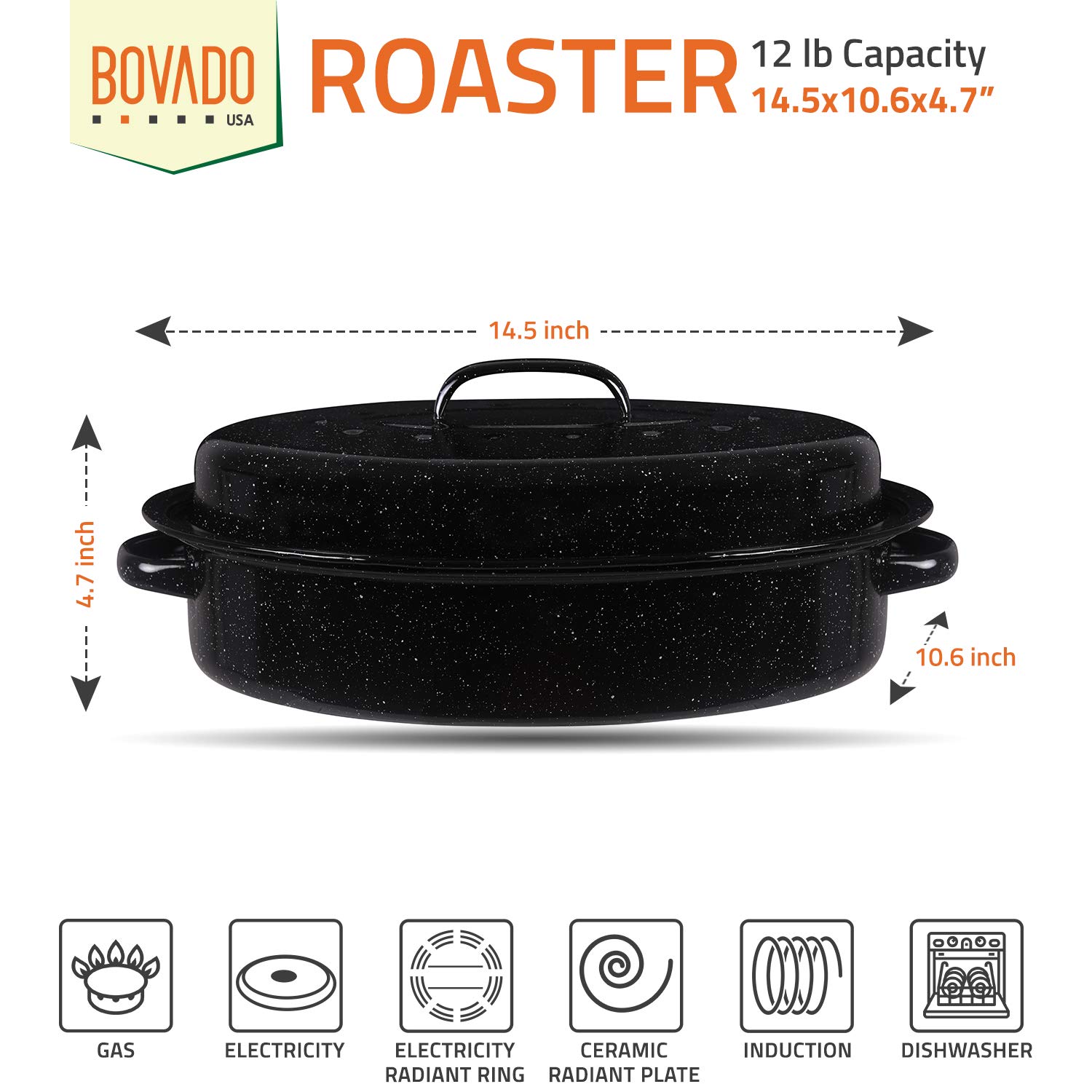 Bovado USA 15.25" Inch 12 lb Capacity Enamel Oval Turkey Roaster Pan + Lid - Thanksgiving Gift, Covered, Non-sticky, Chemical Free, Dishwasher Safe - (14.5 Inch Inner) Rôtissoire (Capacité de 5.45 kg)