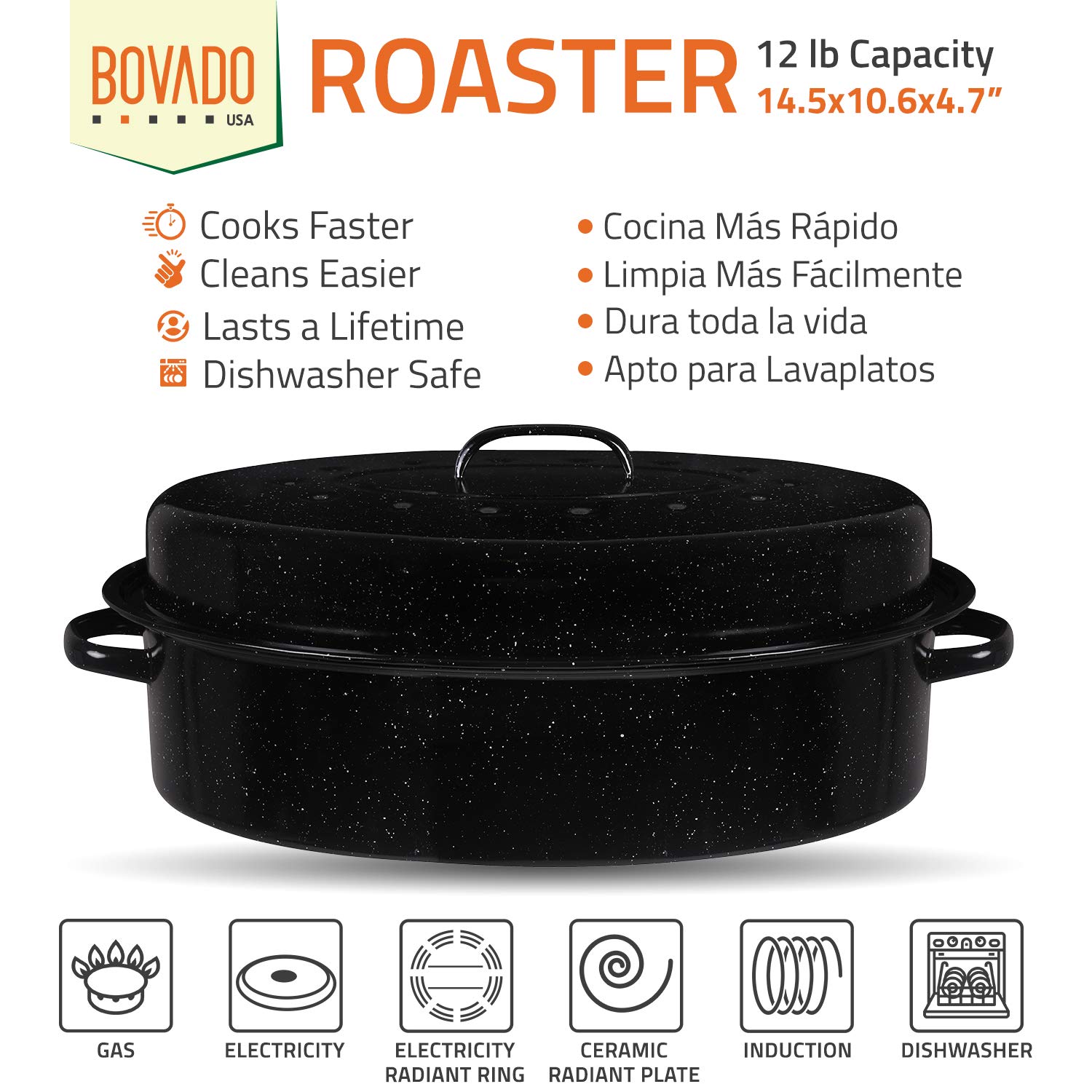 Bovado USA 15.25" Inch 12 lb Capacity Enamel Oval Turkey Roaster Pan + Lid - Thanksgiving Gift, Covered, Non-sticky, Chemical Free, Dishwasher Safe - (14.5 Inch Inner) Rôtissoire (Capacité de 5.45 kg)