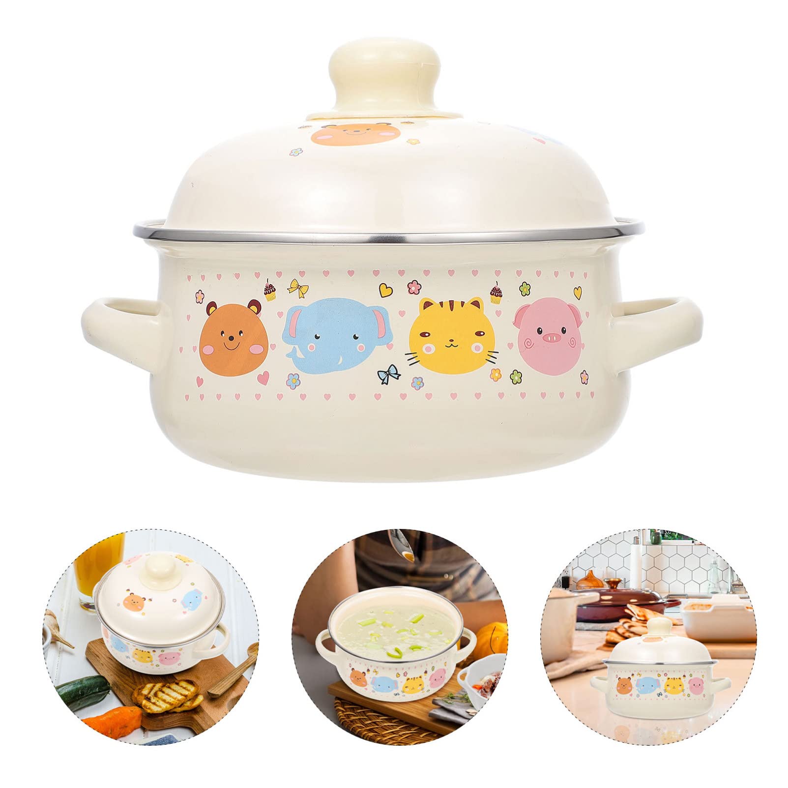 Enamel Stew Pot Soup Bowl: Decorative Stew Pot with Handle Lid Cartoon Soup Pot Baby Food Milk Pot Ceramic Cookware for Home Kitchen Cooking Pot