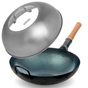 yosukata blue round bottom wok pan 14" wok lid 13.6 inch - premium stainless wok cover with tempered glass insert steam holes