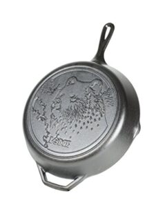 lodge wildlife series-12 inch seasoned cast iron skillet with bear scene and assist handle, 12", black