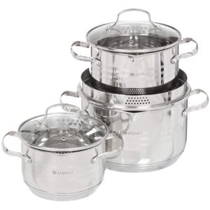daniks tokio stainless steel 6-piece kitchen cookware set | induction pot | pasta pot with strainer lid | dishwasher safe | 2 quart + 3 quart + 4.5 quart | silver