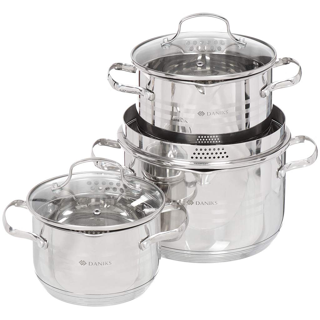 Daniks Tokio Stainless Steel 6-Piece Kitchen Cookware Set | Induction Pot | Pasta Pot with Strainer Lid | Dishwasher Safe | 2 Quart + 3 Quart + 4.5 Quart | Silver