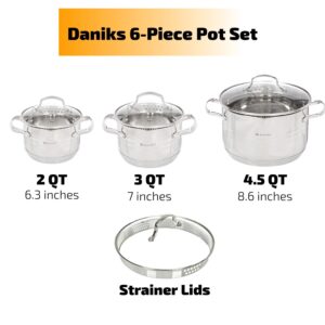 Daniks Tokio Stainless Steel 6-Piece Kitchen Cookware Set | Induction Pot | Pasta Pot with Strainer Lid | Dishwasher Safe | 2 Quart + 3 Quart + 4.5 Quart | Silver