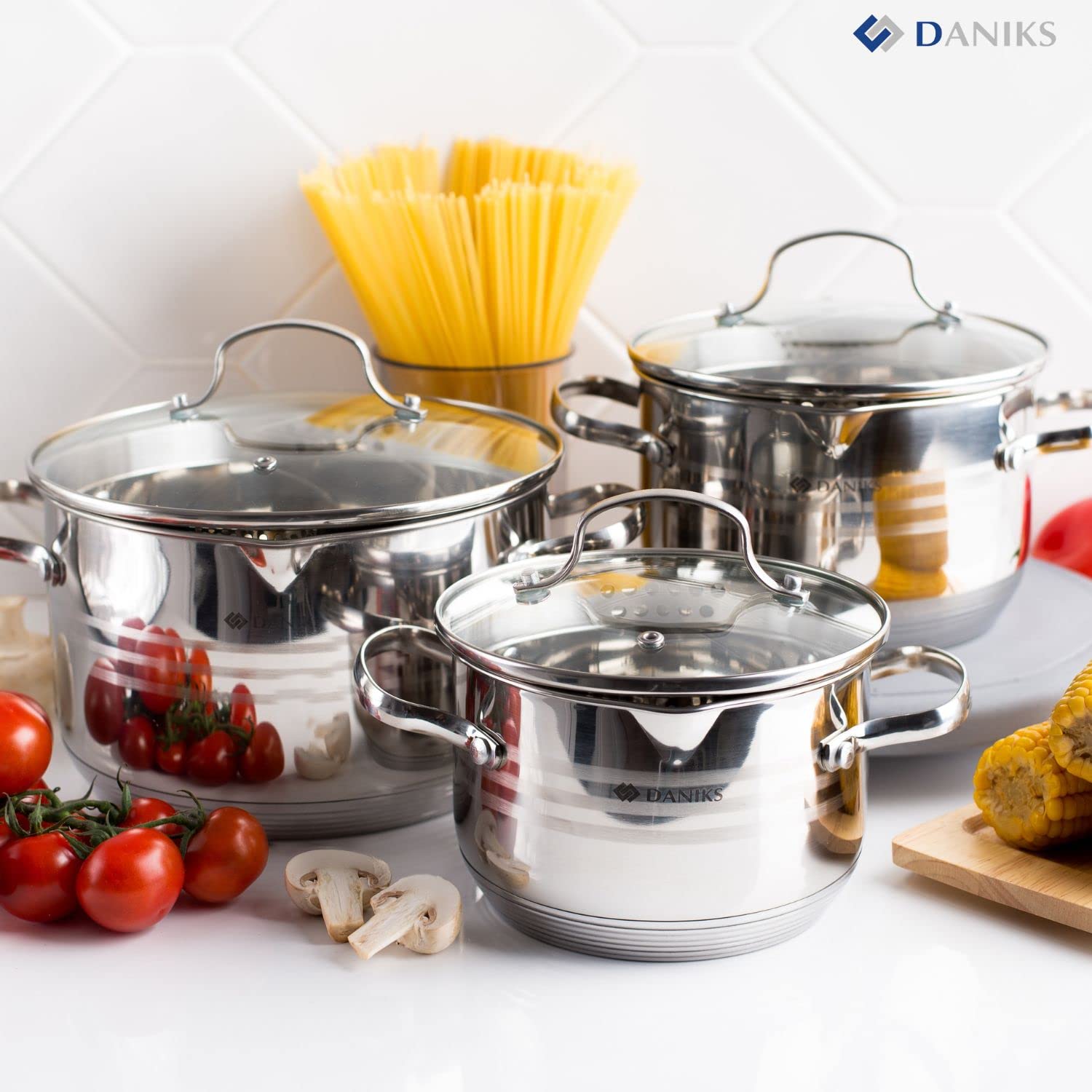 Daniks Tokio Stainless Steel 6-Piece Kitchen Cookware Set | Induction Pot | Pasta Pot with Strainer Lid | Dishwasher Safe | 2 Quart + 3 Quart + 4.5 Quart | Silver