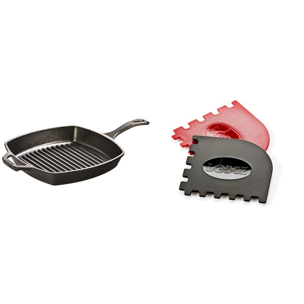 Lodge L8SGP3 Pre-Seasoned Cast-Iron Square Grill Pan and Grill Pan Scraper Bundle