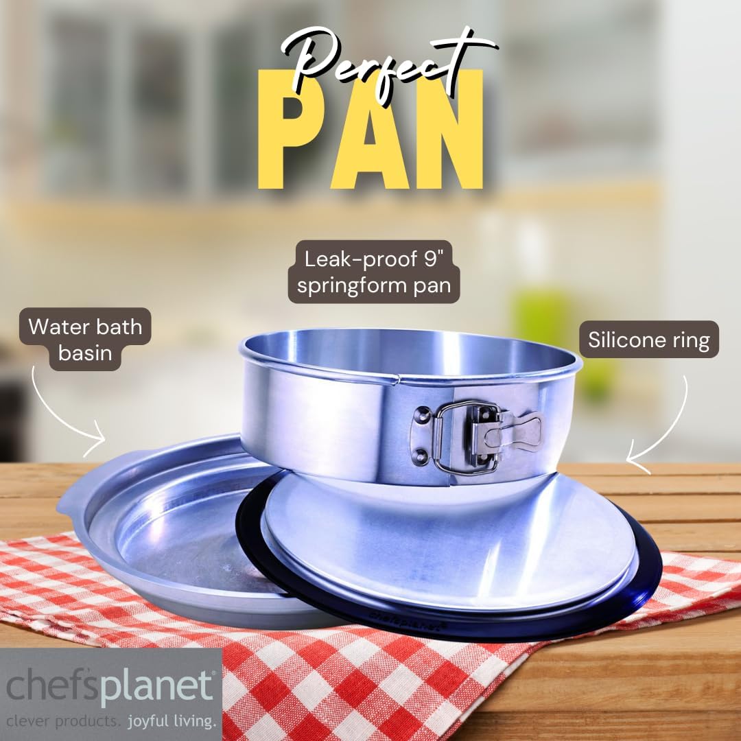 Chef's Planet Perfect Pan - 9-inch Round Baking Pan with Leak-Proof, Easy-Lock Spring Form Pan and Water Bath Basin for Delicate Creations