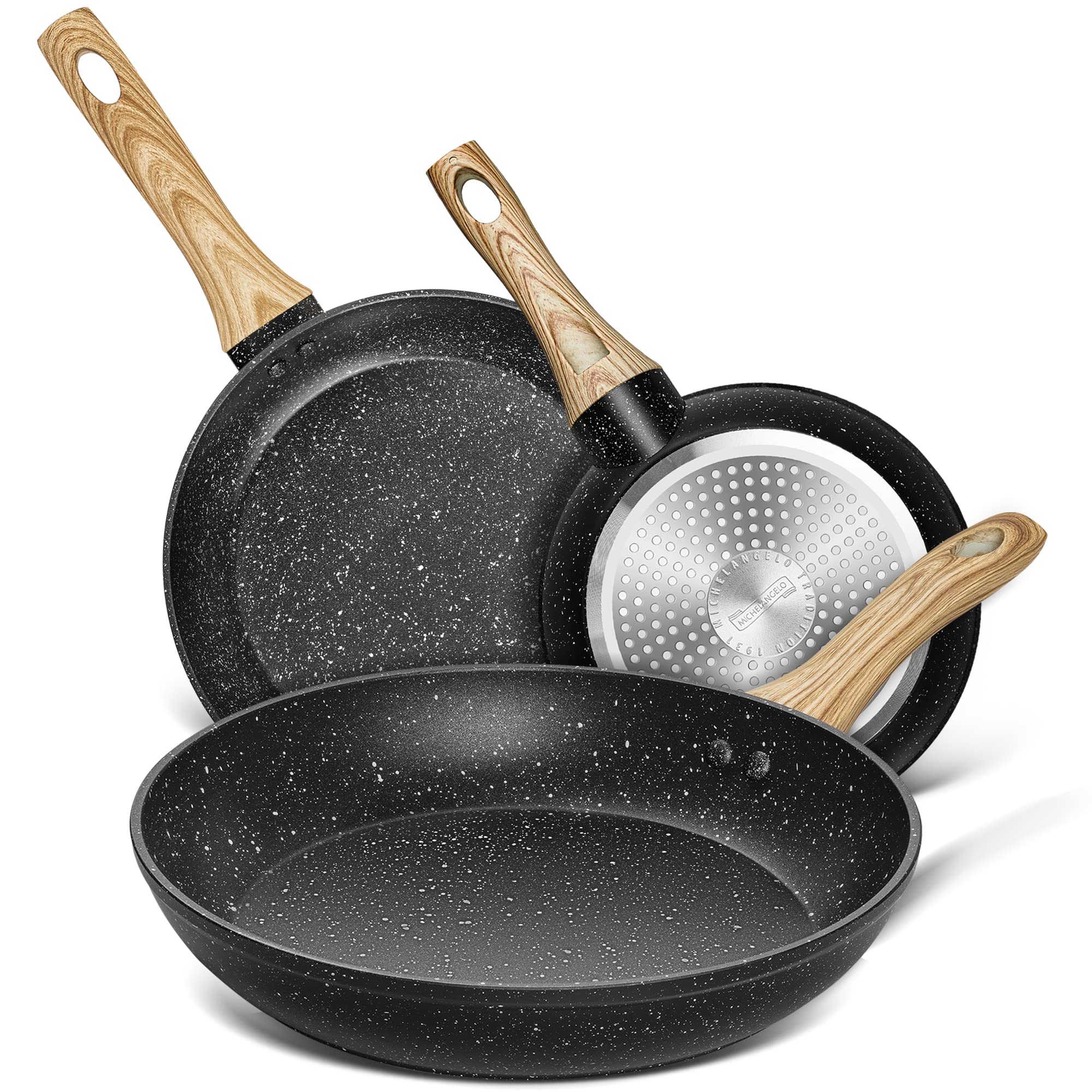 MICHELANGELO Frying Pans Set, Nonstick Granite Frying Pan Set 8"+9.5"+11" with 100% APEO & PFOA-Free Coatings, Nonstick Frying Pans, Stone Fry Pans, Granite Skillet Set, Nonstick Skillets 3 Piece