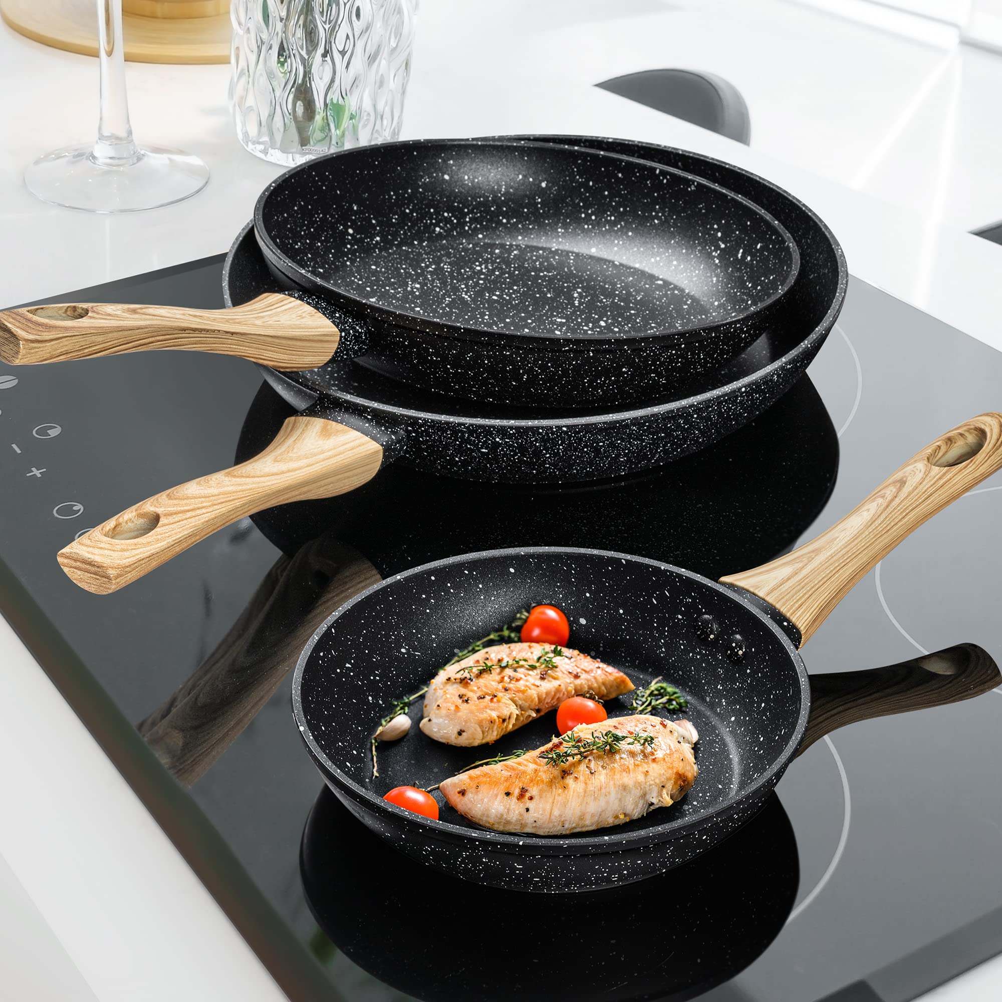 MICHELANGELO Frying Pans Set, Nonstick Granite Frying Pan Set 8"+9.5"+11" with 100% APEO & PFOA-Free Coatings, Nonstick Frying Pans, Stone Fry Pans, Granite Skillet Set, Nonstick Skillets 3 Piece