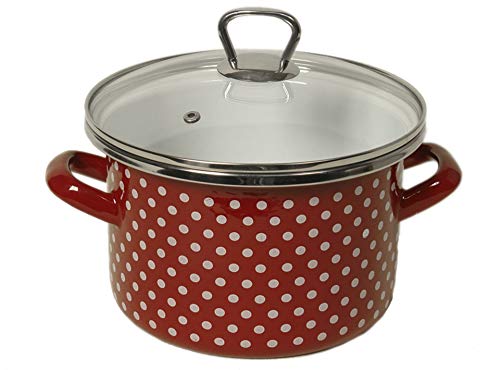 Enamel Stock Pot Burgundy Polka Dot Enamelware Pot Enamel Cooking Pot with Glass Lid (4.2-qt. (4 L))