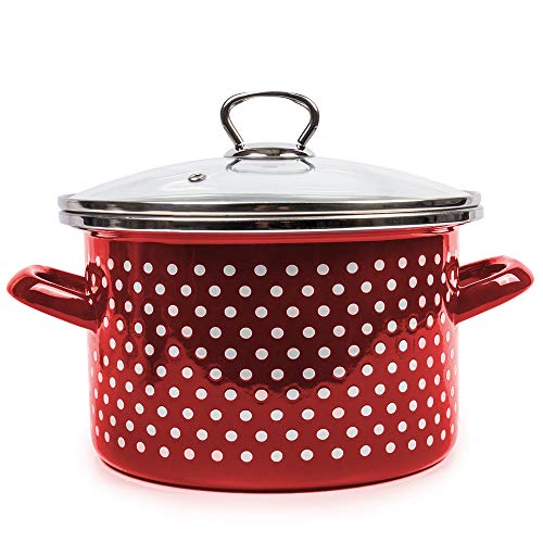 Enamel Stock Pot Burgundy Polka Dot Enamelware Pot Enamel Cooking Pot with Glass Lid (4.2-qt. (4 L))