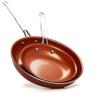 copper frying pan set 8" & 10" ceramic non-stick/induction bottom oven safe stainless steel handle no oil/butter needed & dishwasher safe