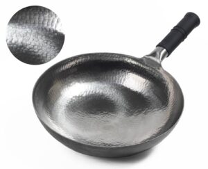 mecete wok pan nonstick chinese hand hammered woks and stir fry pans non-stick carbon steel wok utensils no coating(13.3 inch, round bottom) 1.8 mm thickness