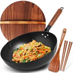 brbrgo carbon steel wok pan, 5 piece authentic chinese wok & stir-fry pans set with wooden lid, no chemical coated flat bottom chinese woks pan for all stoves-13“