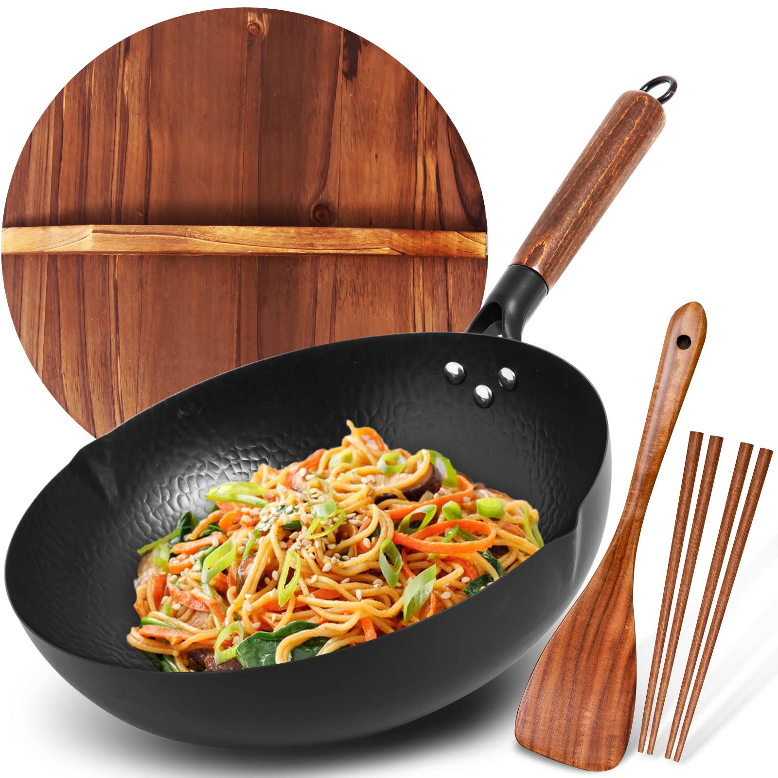 BrBrGo Carbon Steel Wok Pan, 5 Piece Authentic Chinese Wok & Stir-Fry Pans Set with Wooden Lid, No Chemical Coated Flat Bottom Chinese Woks Pan for All Stoves-13“