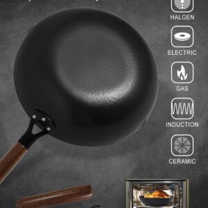 BrBrGo Carbon Steel Wok Pan, 5 Piece Authentic Chinese Wok & Stir-Fry Pans Set with Wooden Lid, No Chemical Coated Flat Bottom Chinese Woks Pan for All Stoves-13“