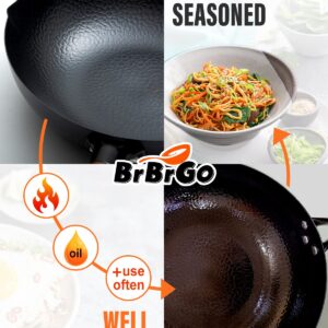 BrBrGo Carbon Steel Wok Pan, 5 Piece Authentic Chinese Wok & Stir-Fry Pans Set with Wooden Lid, No Chemical Coated Flat Bottom Chinese Woks Pan for All Stoves-13“