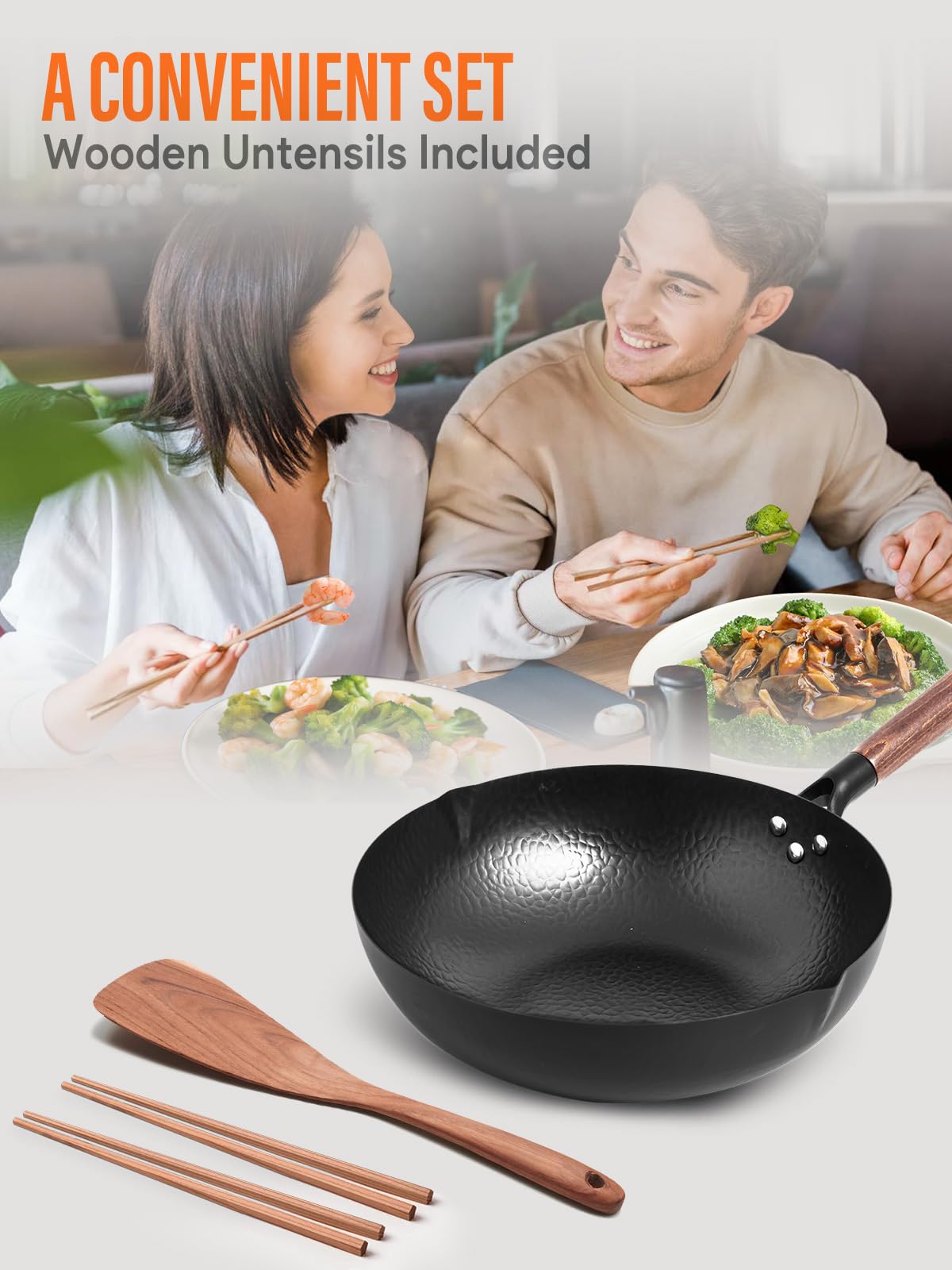 BrBrGo Carbon Steel Wok Pan, 5 Piece Authentic Chinese Wok & Stir-Fry Pans Set with Wooden Lid, No Chemical Coated Flat Bottom Chinese Woks Pan for All Stoves-13“